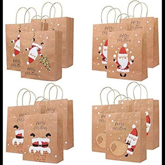 12Pcs Santa Claus Christmas Kraft Paper Gift Wrap Bags, Chimney Xmas Tree, 10 In - Picture 2 of 7